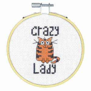 Counted Cross Stitched Kit With Hoop - Crazy Cat Lady