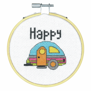 Counted Cross Stitched Kit With Hoop - Happy Camper